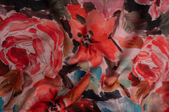 (Pre Cut -2.5 Meter) Vermilion Red Floral Pattern Digital Print Linen Satin Fabric