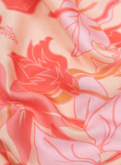 Peach And Pink  Big Flower Pattern Digital Print Linen Satin Fabric