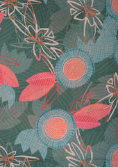 Castleton Green And Red Quirky Leaf Pattern Digital Print Linen Satin Fabric