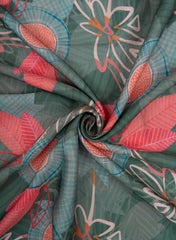 Castleton Green And Red Quirky Leaf Pattern Digital Print Linen Satin Fabric