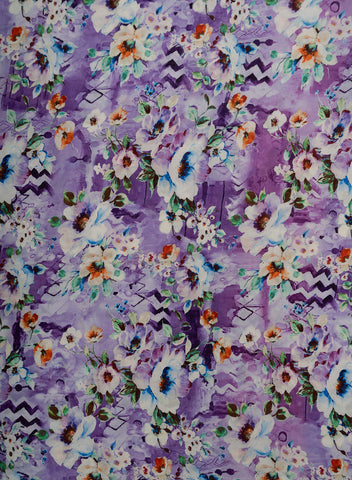 (Pre Cut 1.5-Meter) Periwinkle Purple Quirky Floral Pattern Digital Print  Natural Crepe Fabric