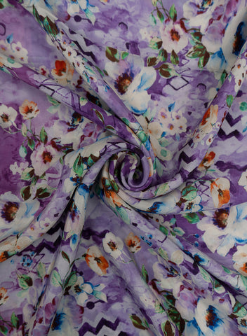 (Pre Cut 1.5-Meter) Periwinkle Purple Quirky Floral Pattern Digital Print  Natural Crepe Fabric