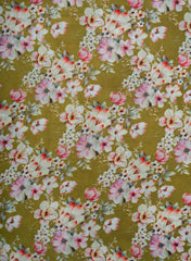 Olive Green And Pink Garden Grace Floral Pattern Digital Print  Natural Crepe Fabric