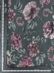 Dark Grey And Purple Floral Pattern Digital Print Pure Crepe Fabric