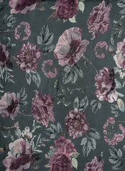 Dark Grey And Purple Floral Pattern Digital Print Pure Crepe Fabric