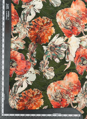 Dark Green And Orange Quirky Floral Pattern Digital Print Natural Crepe Fabric