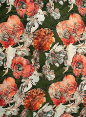 Dark Green And Orange Quirky Floral Pattern Digital Print Natural Crepe Fabric