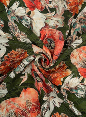 Dark Green And Orange Quirky Floral Pattern Digital Print Natural Crepe Fabric