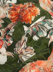 Dark Green And Orange Quirky Floral Pattern Digital Print Natural Crepe Fabric