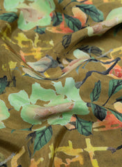 Olive Green Floral Pattern Digital Print  Natural Crepe Fabric