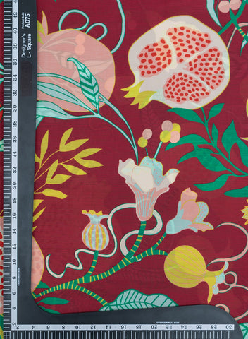 (Pre Cut-1 Meter) Sangria Red Quirky Pattern Digital Print  Natural Crepe Fabric