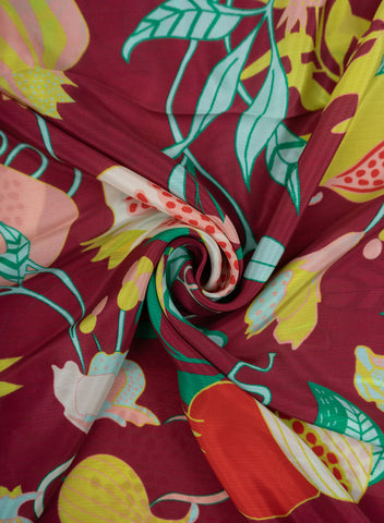 (Pre Cut-1 Meter) Sangria Red Quirky Pattern Digital Print  Natural Crepe Fabric