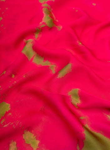 (Pre Cut-3 Meter) Pink And Olive Green Tie And Dye Modal Satin Fabric