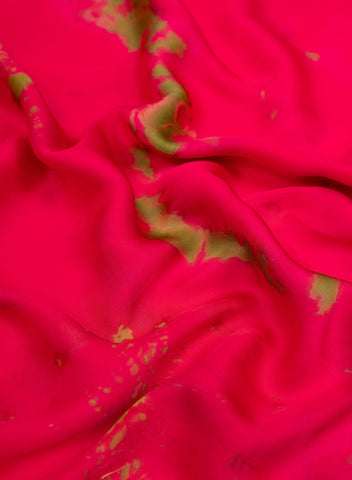 (Pre Cut-3 Meter) Pink And Olive Green Tie And Dye Modal Satin Fabric