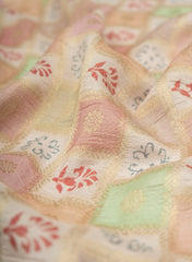 Baby Pink Checks Pattern Block Position Print On Jacquard Butti Pure Dola Silk Fabric