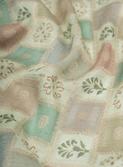 Pista Green  Colour Checks Pattern Block Position Print on Jacquard Butti Pure Dola Fabric