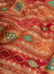 Mango And Red Colour  Traditional Pattern Placement Bhandej  Print on Jacquard Butti Pure Dola SIlk Fabric