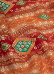 Mango And Red Colour  Traditional Pattern Placement Bhandej  Print on Jacquard Butti Pure Dola SIlk Fabric