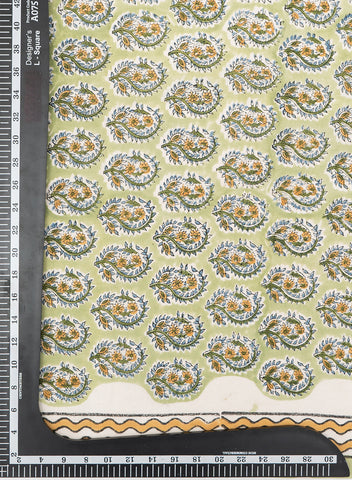 (Pre Cut-1.5 Meter) Pista Green And Floral Block Print Pure Cotton Cambric Fabric