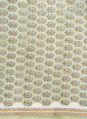 (Pre Cut-1.5 Meter) Pista Green And Floral Block Print Pure Cotton Cambric Fabric