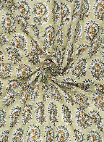 (Pre Cut-1.5 Meter) Pista Green And Floral Block Print Pure Cotton Cambric Fabric