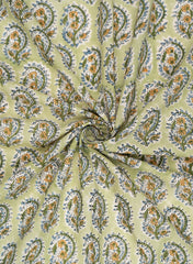 Pista Green And Floral Block Print Pure Cotton Cambric Fabric