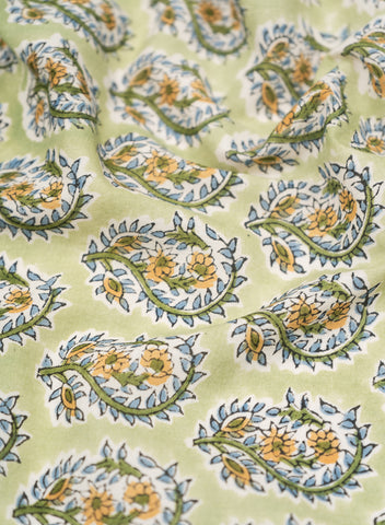 (Pre Cut-1.5 Meter) Pista Green And Floral Block Print Pure Cotton Cambric Fabric