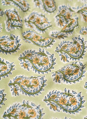 Pista Green And Floral Block Print Pure Cotton Cambric Fabric