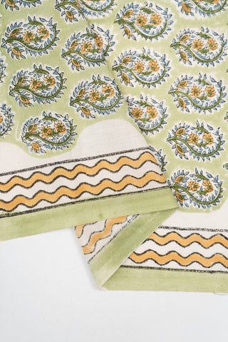 (Pre Cut-1.5 Meter) Pista Green And Floral Block Print Pure Cotton Cambric Fabric