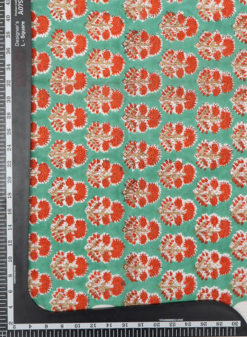 (Pre Cut-1 Meter) Mint Green and Red  Floral Block Print Pure Cotton Cambric Fabric