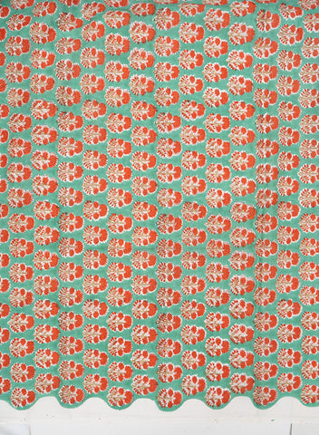 (Pre Cut-1 Meter) Mint Green and Red  Floral Block Print Pure Cotton Cambric Fabric