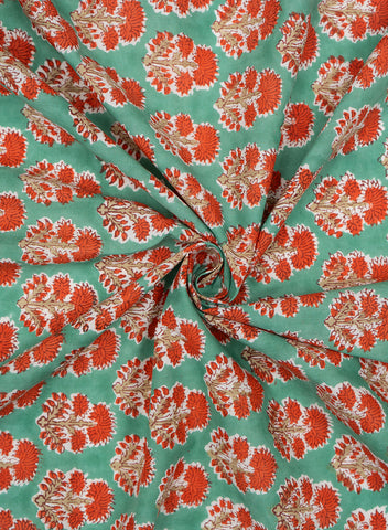 (Pre Cut-1 Meter) Mint Green and Red  Floral Block Print Pure Cotton Cambric Fabric