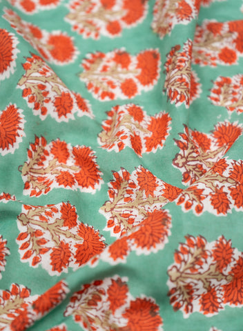 (Pre Cut-1 Meter) Mint Green and Red  Floral Block Print Pure Cotton Cambric Fabric