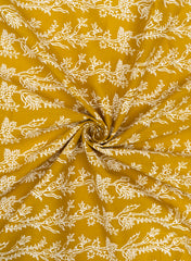 (Pre Cut- 2 Meter) Mustard and White floral Block Print Pure Cotton Cambric Fabric