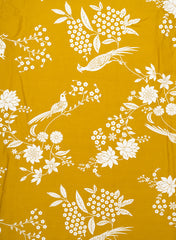 Mustard and White flower with Birds Block Print Pure Cotton Cambric Fabric