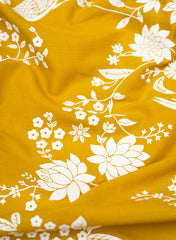 Mustard and White flower with Birds Block Print Pure Cotton Cambric Fabric