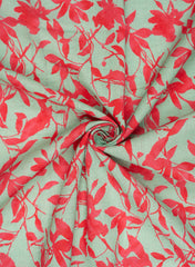 Mint Green And Pink Floral Printed Handloom  Linen Digital Print (Cotton Flex) Fabric