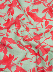 Mint Green And Pink Floral Printed Handloom  Linen Digital Print (Cotton Flex) Fabric