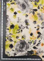 Off-White And Green,Black Rose Handloom  Linen Digital Print (Cotton Flex) Fabric