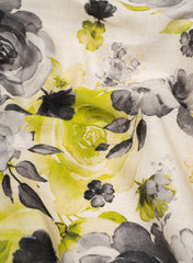 Off-White And Green,Black Rose Handloom  Linen Digital Print (Cotton Flex) Fabric