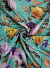 Turquoise Blue And Purple Floral  Pattern Digital Print Pure Modal Satin Fabric