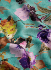 Turquoise Blue And Purple Floral  Pattern Digital Print Pure Modal Satin Fabric