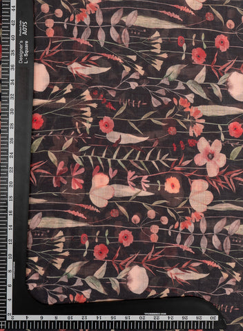 (Pre Cut-1 Meter) Linen Black Color Floral Pattern Hybrid Print Fabric