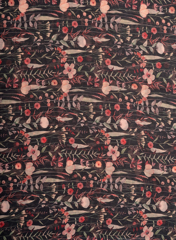 (Pre Cut-1 Meter) Linen Black Color Floral Pattern Hybrid Print Fabric