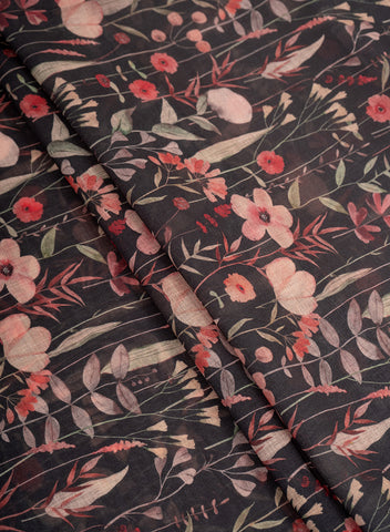 (Pre Cut-1 Meter) Linen Black Color Floral Pattern Hybrid Print Fabric