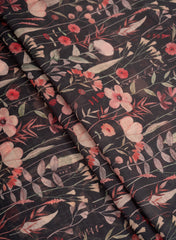 (Art Linen) Linen Black Color Floral Pattern Hybrid Print Fabric