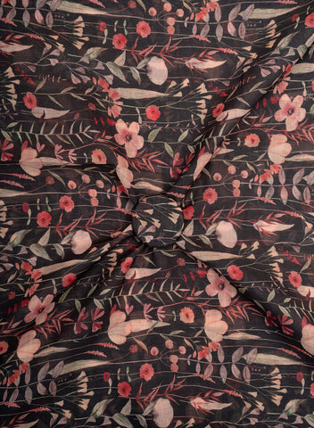 (Pre Cut-1 Meter) Linen Black Color Floral Pattern Hybrid Print Fabric