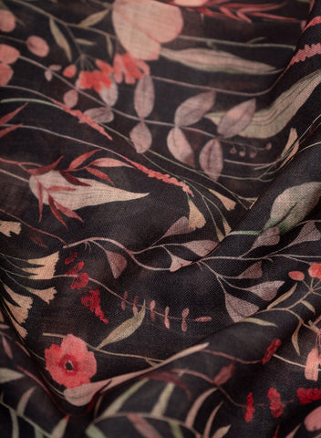 (Pre Cut-1 Meter) Linen Black Color Floral Pattern Hybrid Print Fabric