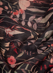 (Art Linen) Linen Black Color Floral Pattern Hybrid Print Fabric