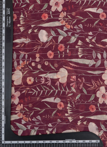 (Pre Cut-1 Meter) Linen Maroon Color Floral Pattern Hybrid Print Fabric